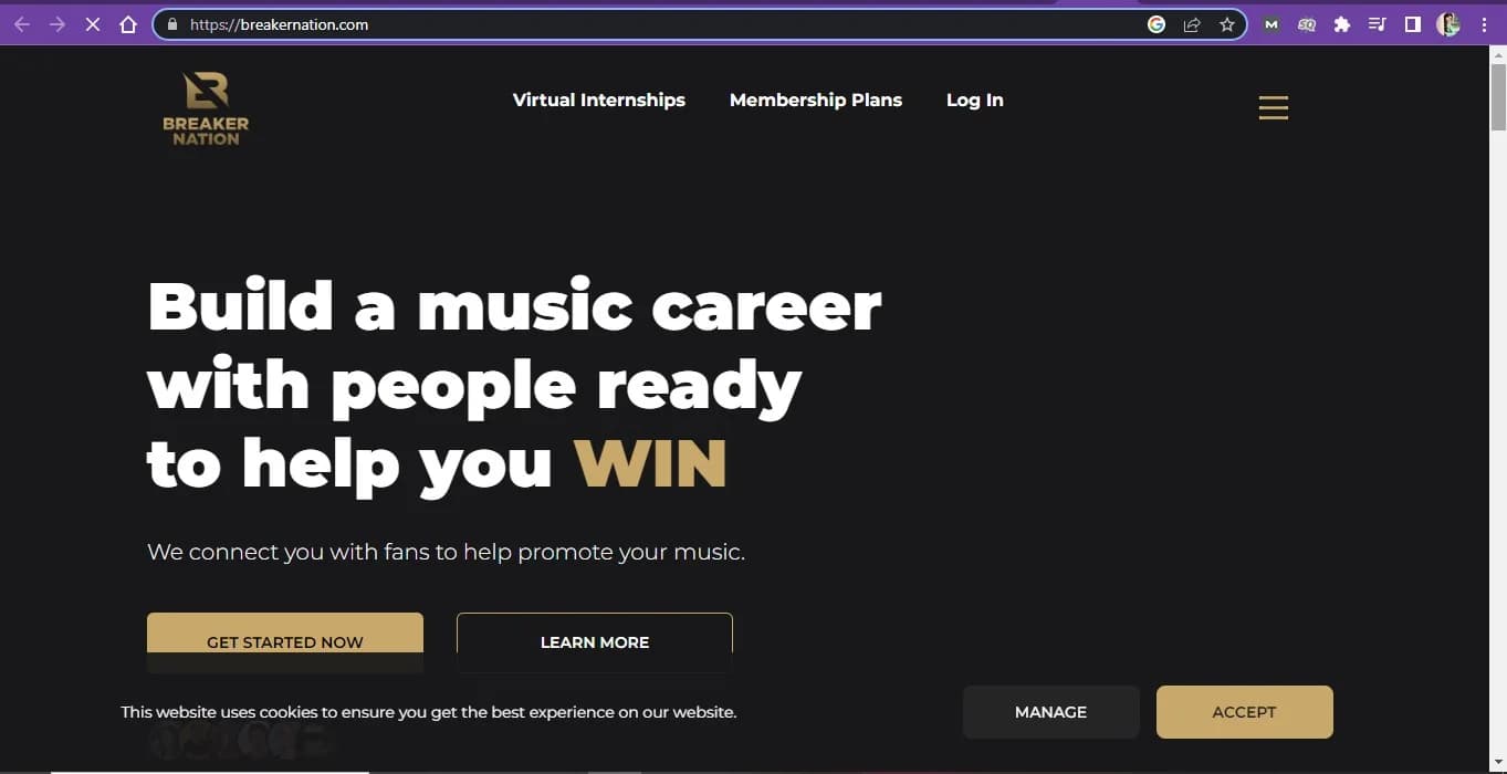 Archived Breaker Nation website introducing its music career community.
