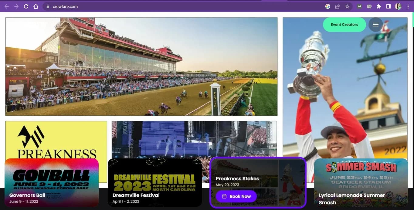 Archived Crewfare website showing event travel and festival listings.