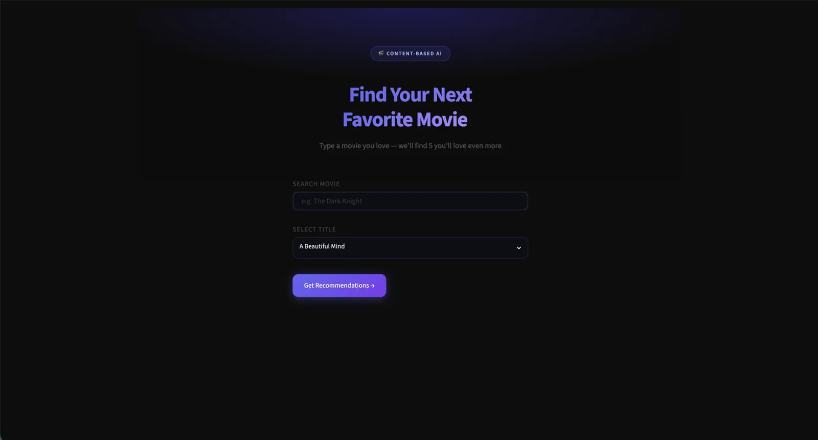MovieMate recommendation interface with a movie search field and recommendation controls.