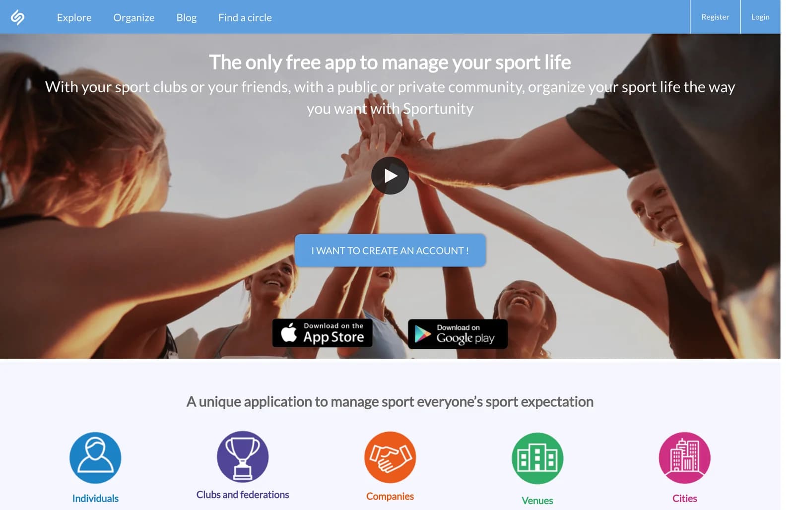 Archived Sportunity sports platform website with activity categories and a mobile app preview.