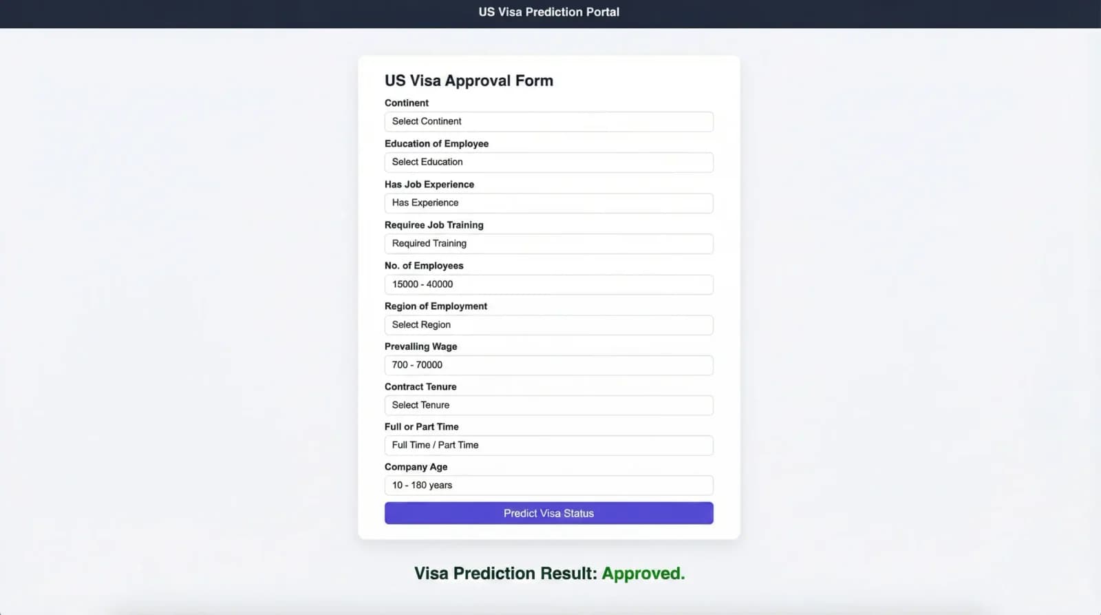US visa prediction interface with an application form and a displayed prediction.