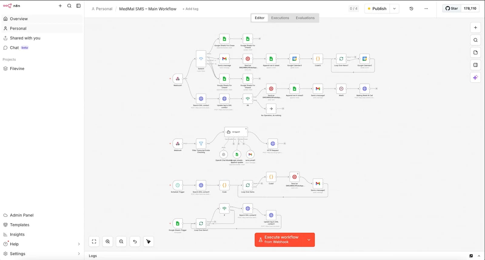 n8n workflow editor with connected automation steps and branching routes.