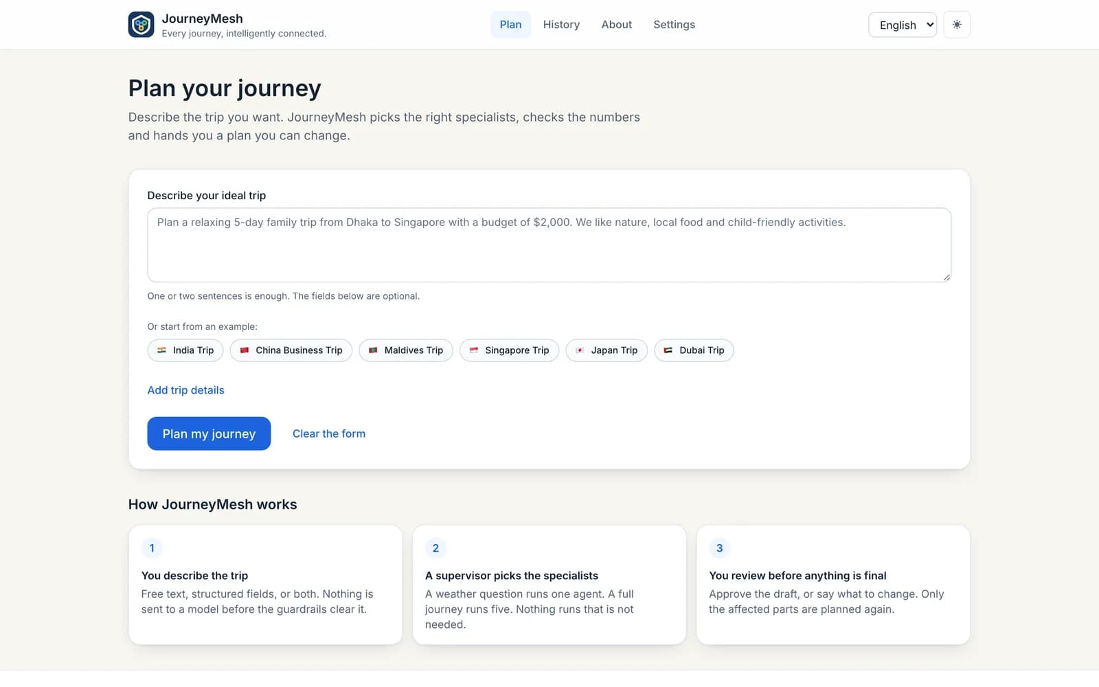 JourneyMesh travel planner with a trip request field, example requests and planning steps.