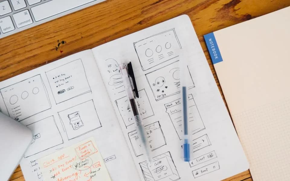 Hand-drawn workflow sketches in an open notebook with pens.