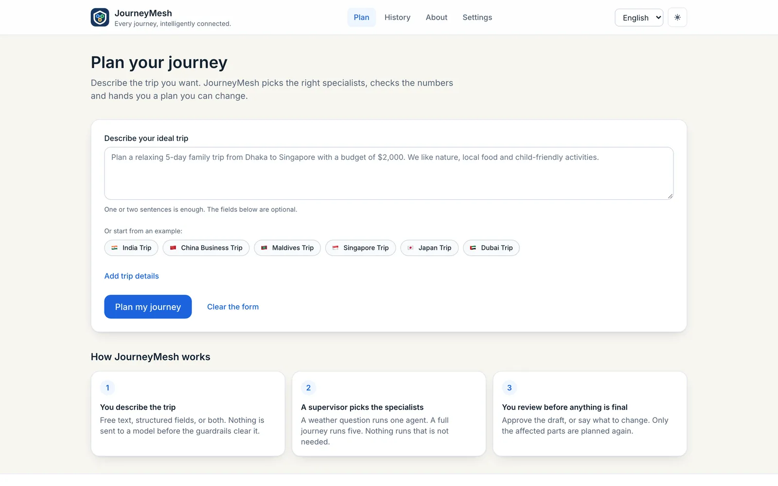 JourneyMesh trip planner interface